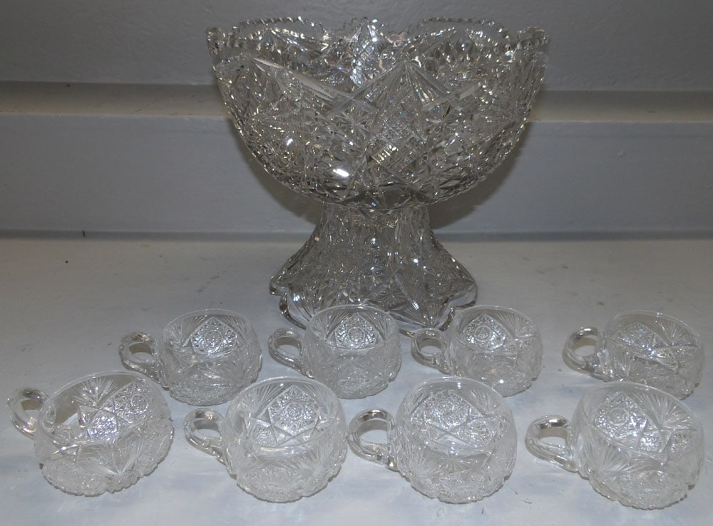 2 Part Cut Glass Pedestal Punch Bowl with Cups (1 of 4)
