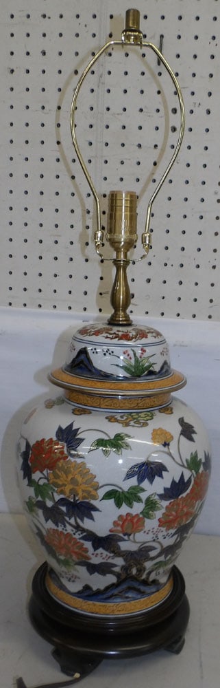 Oriental Painted Porcelain Covered Urn Made Into Lamp (1 of 5)