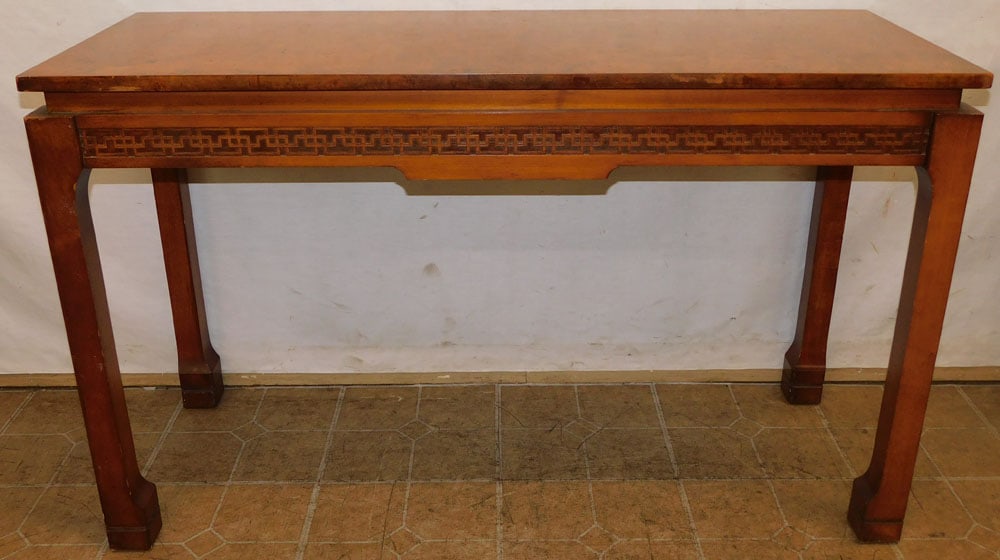 Mid Century Modern Burl Walnut Top Chinese Console: Mid Century Modern Burl Walnut Top Chinese Console. 48" W 18" D 29 1/4" H "ALL DESCRIPTIONS AND ANY CONDITION STATEMENT GIVEN BY LANGSTON AUCTION GALLERY ARE STRICTLY OPINIONS AND LANGSTON'S SHALL HAV