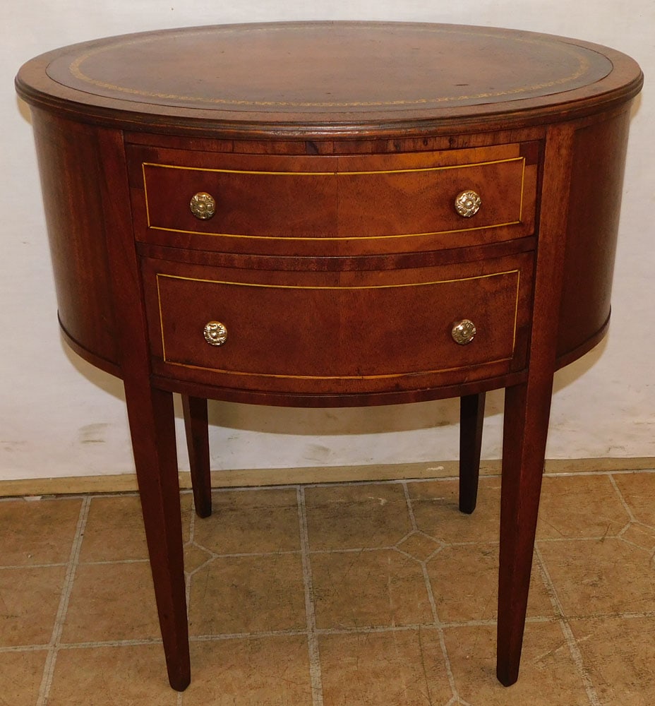 Oval Mahogany Inlaid 2 Drawer Stand with Tooled Leather Top (1 of 4)