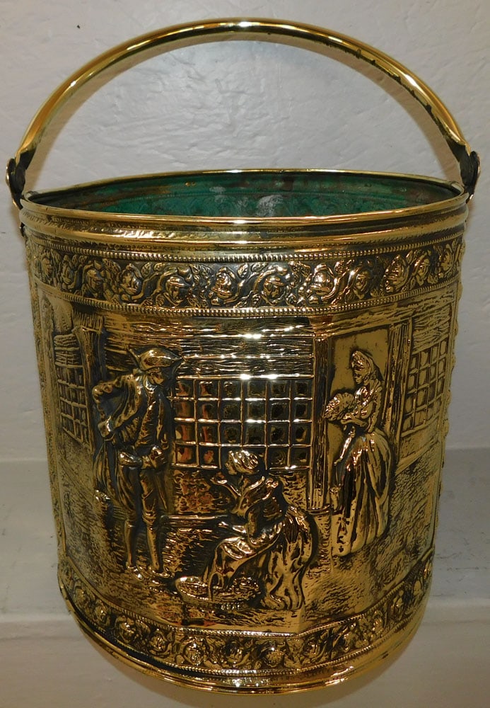 Antique Polished English Brass Embossed Coal Bucket (1 of 5)