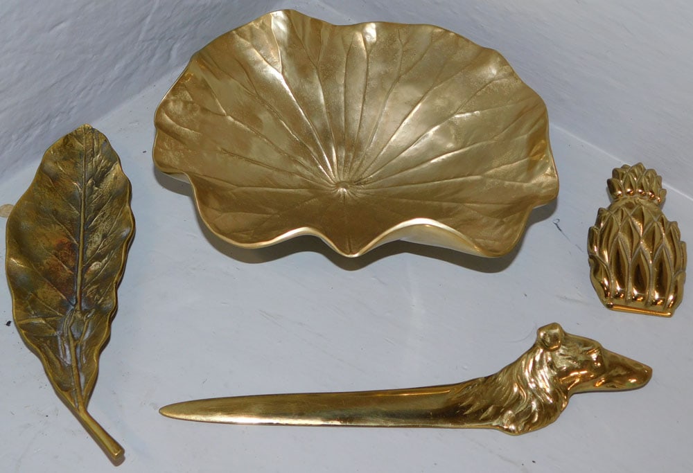 Brass VA Metalcrafters Lotus Bowl, Tobacco Leaf, Collie Head Letter Opener, & Pineapple Desk Clip, (1 of 6)