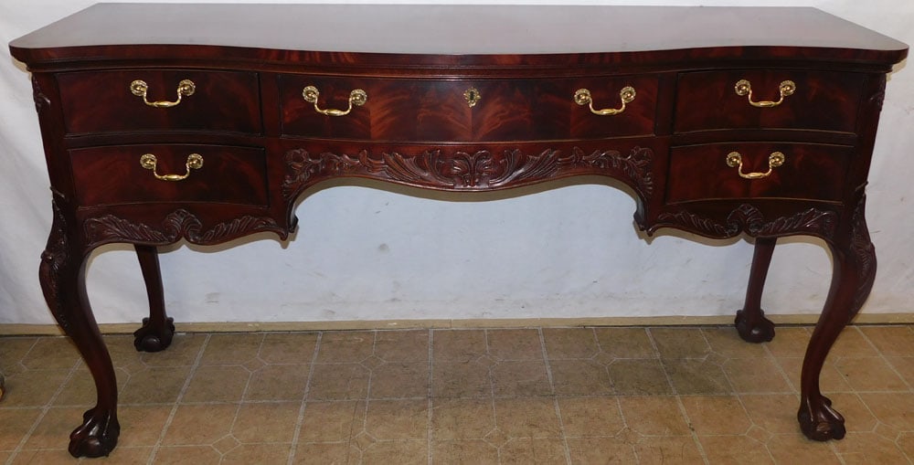 Carved Mahogany Inlaid & Burled Banded Top Ball & Claw Sideboard by Wellington Hall: Carved Mahogany Inlaid & Burled Banded Top Ball & Claw Sideboard by Wellington Hall. 67 1/4" W 20 3/4" D 36" H "ALL DESCRIPTIONS AND ANY CONDITION STATEMENT GIVEN BY LANGSTON AUCTION GALLERY ARE STRIC