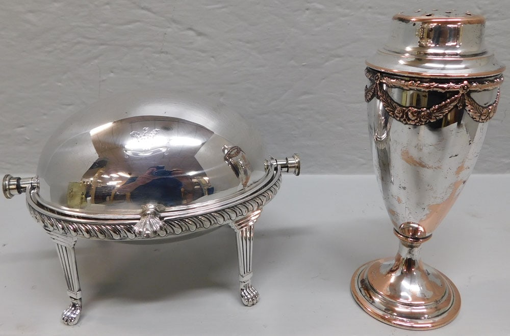 Polished Silver on Copper Muffineer by Paul Revere & Small Warmer with Armorial Engraving: Polished Silver on Copper Muffineer by Paul Revere & Small Warmer with Armorial Engraving. Up to 7" H "ALL DESCRIPTIONS AND ANY CONDITION STATEMENT GIVEN BY LANGSTON AUCTION GALLERY ARE STRICTLY OPINI