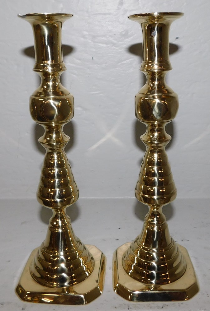 Pair of 19th Century Polished Brass Beehive Candlesticks (1 of 2)
