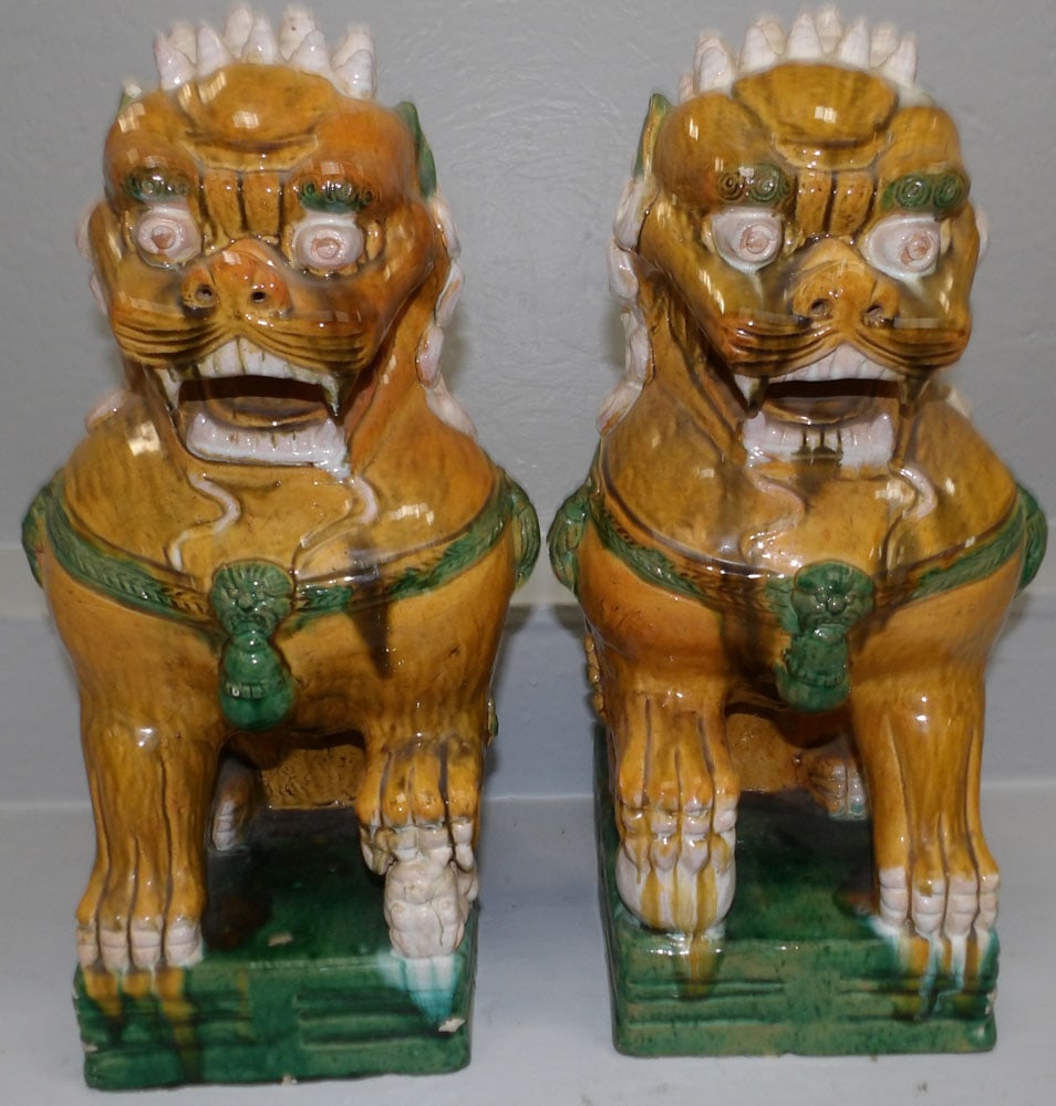 Pair of Large Painted Chinese Pottery Food Dog Statues (1 of 5)