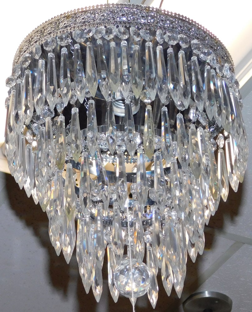 Silverplated & Crystal Prism Foyer Light: Silverplated & Crystal Prism Foyer Light. 10" H "ALL DESCRIPTIONS AND ANY CONDITION STATEMENT GIVEN BY LANGSTON AUCTION GALLERY ARE STRICTLY OPINIONS AND LANGSTON'S SHALL HAVE NO RESPONSIBILITY FOR ER