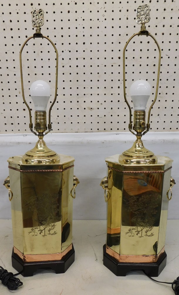 Pair of Polished Brass Lamps with Heron Engraving (1 of 6)