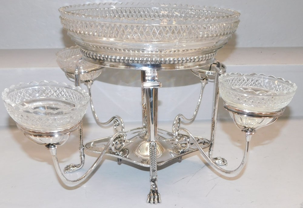 Sheffield Epergne with Irish Cut Bowls, (1 Missing): Sheffield Epergne with Irish Cut Bowls, (1 Missing). 16 1/2" W 17" D 12 1/4" H "ALL DESCRIPTIONS AND ANY CONDITION STATEMENT GIVEN BY LANGSTON AUCTION GALLERY ARE STRICTLY OPINIONS AND LANGSTON'S SHAL