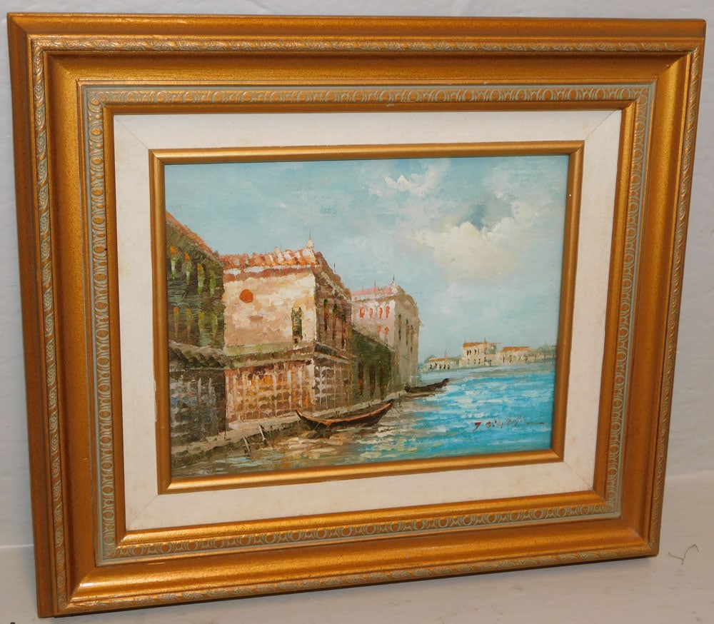 Framed Oil on Canvas of the Venetian Canal Signed Giovanni (1 of 3)