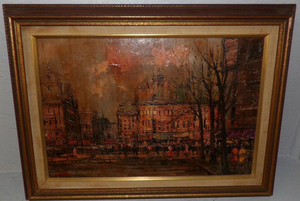 framed oil on board French street scene signed Mitchell (1 of 3)