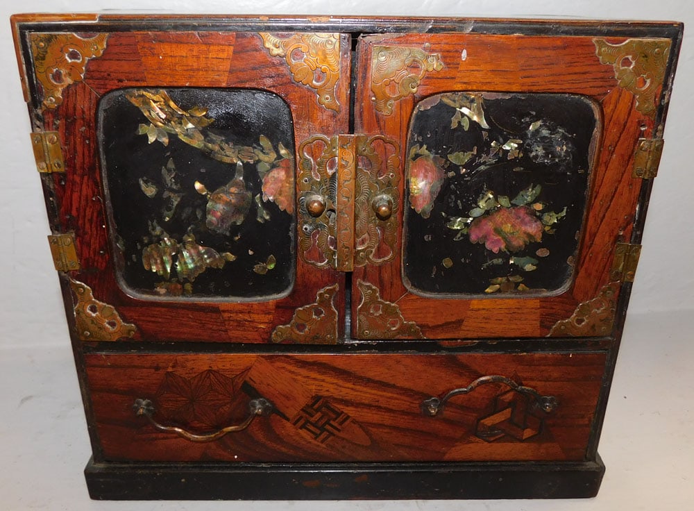 paint decorated and mother pearl inlay oriental jewelry cabinet (1 of 5)