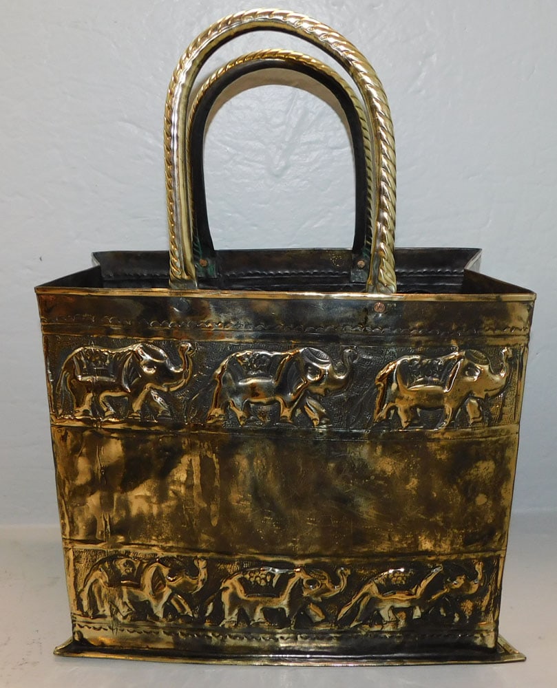 polished brass bag form magazine stand with elephant motif (1 of 4)