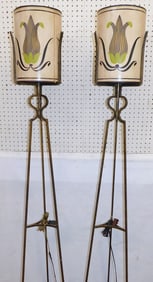 pair painted Wrought iron arts and crafts floor lamps with Painted Paper Mache Shades