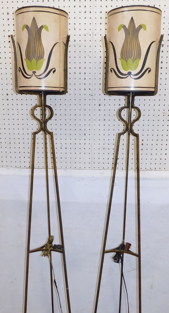pair painted Wrought iron arts and crafts floor lamps with Painted Paper Mache Shades (1 of 3)