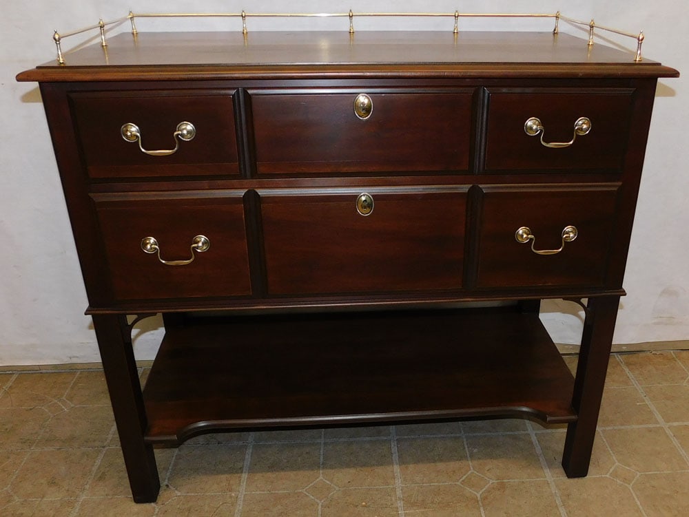 cherry 2 drawer server with brass gallery: cherry 2 drawer server with brass gallery. 36 1/2" W 19 1/2" D 32 3/4" H "ALL DESCRIPTIONS AND ANY CONDITION STATEMENT GIVEN BY LANGSTON AUCTION GALLERY ARE STRICTLY OPINIONS AND LANGSTON'S SHALL HAVE