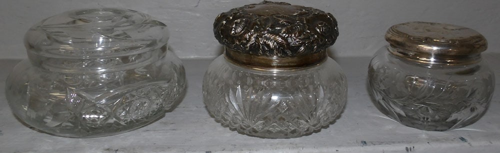 Victorian cut glass hair receiver & 2 cut glass powder jars with sterling lids (1 of 5)