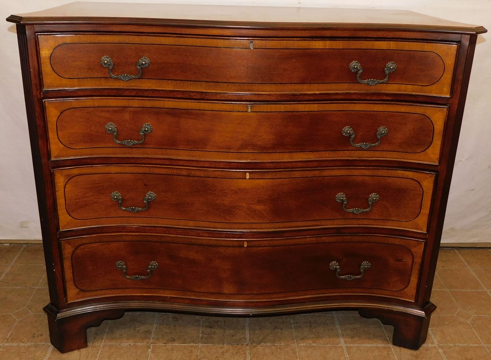 mahogany and satin wood banded serpentine front 4 drawer chest (1 of 7)