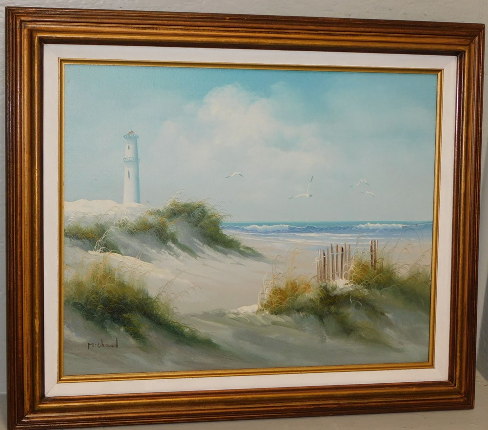 Frame Oil on Canvas Lighthouse Beach Scene Signed by Artist (1 of 4)