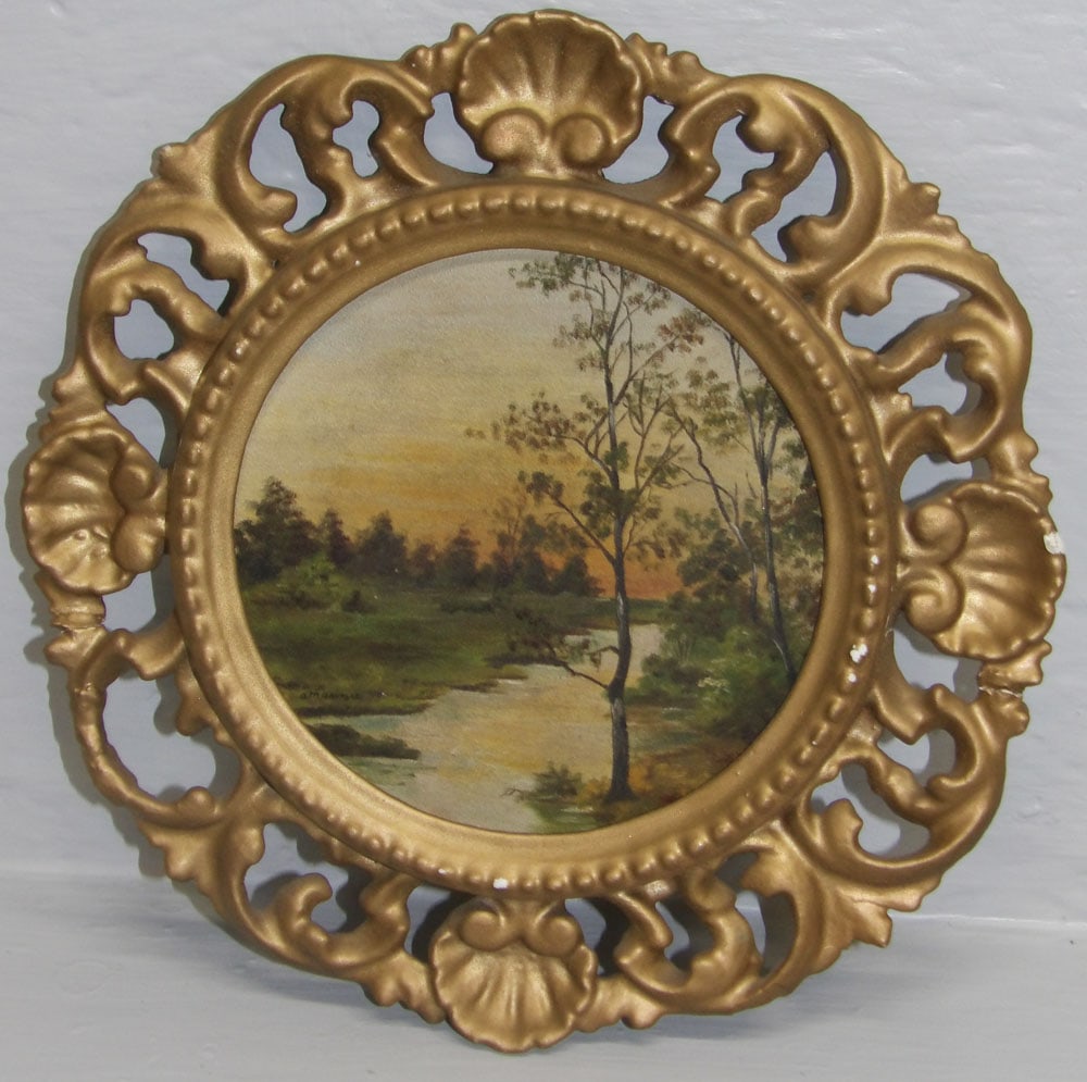 Small Round Antique Oil on Canvas Stream Scene in Ornate Gilded Open Work Frame (1 of 4)