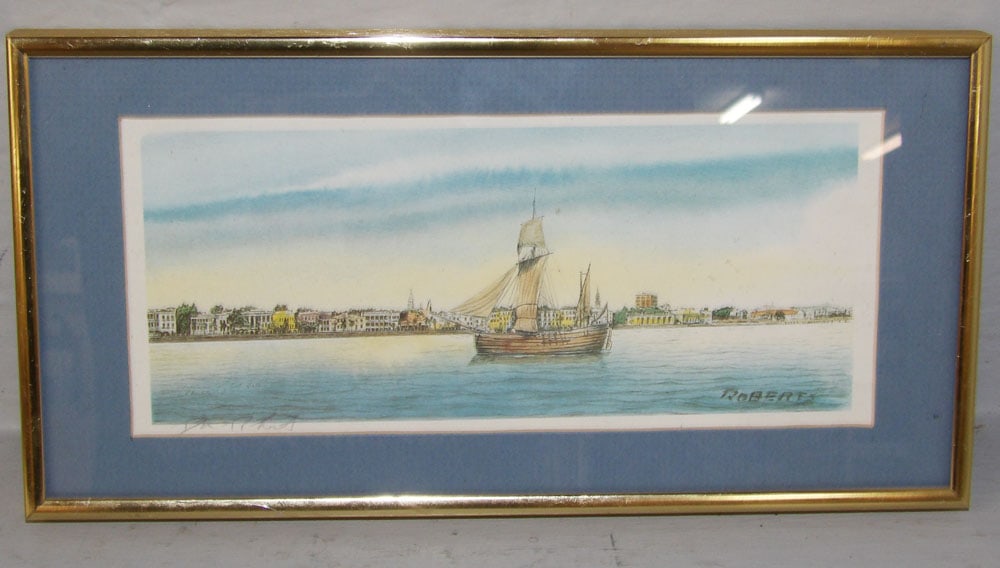 Roberts Hand Colored Lithograph "Adventurer at East Battery, Charleston S.C. Pencil Signed (1 of 4)