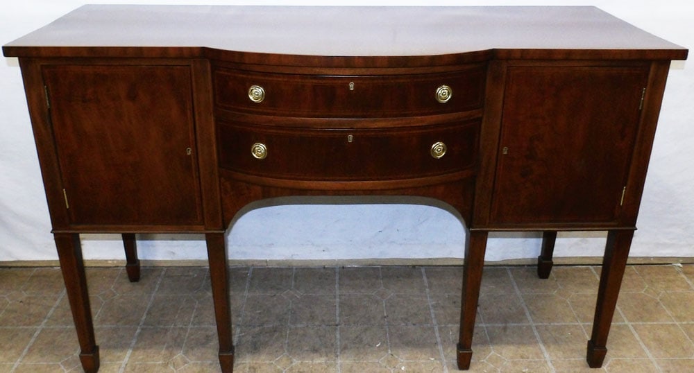 mahogany inlaid sideboard: mahogany inlaid sideboard. 59 1/2" W 23" D 37 1/4" H "ALL DESCRIPTIONS AND ANY CONDITION STATEMENT GIVEN BY LANGSTON AUCTION GALLERY ARE STRICTLY OPINIONS AND LANGSTON'S SHALL HAVE NO RESPONSIBILITY F
