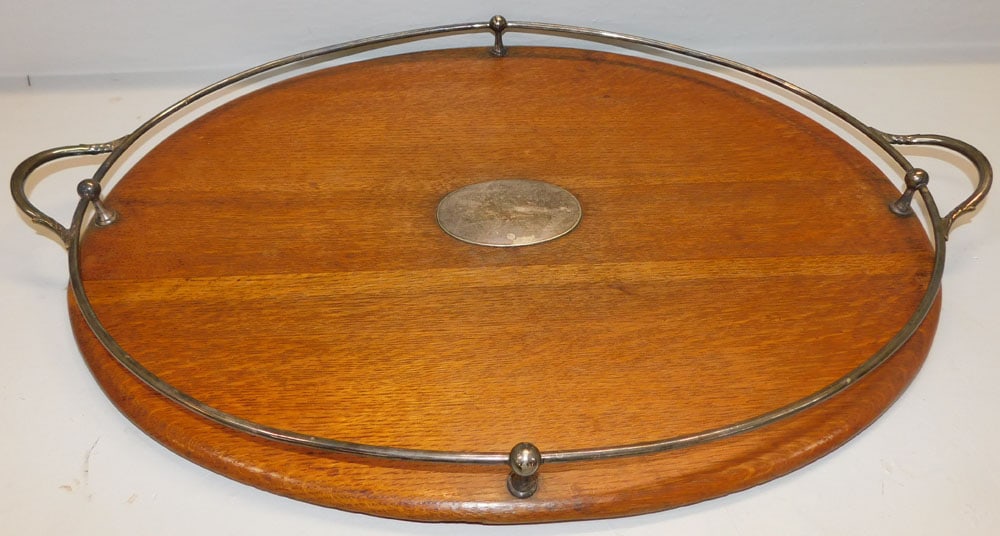 antique tiger oak and silver plated gallery serving tray (1 of 3)