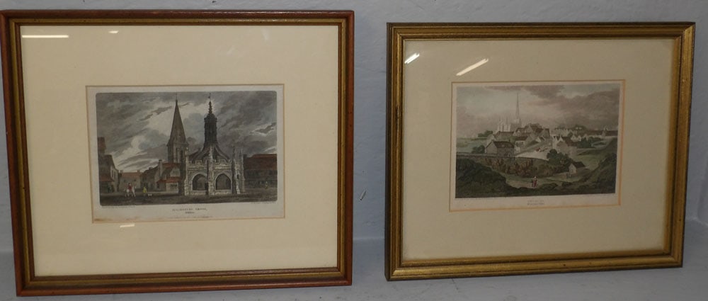 2 framed hand colored English engravings Malmsbury cross / Tetbury (1 of 3)