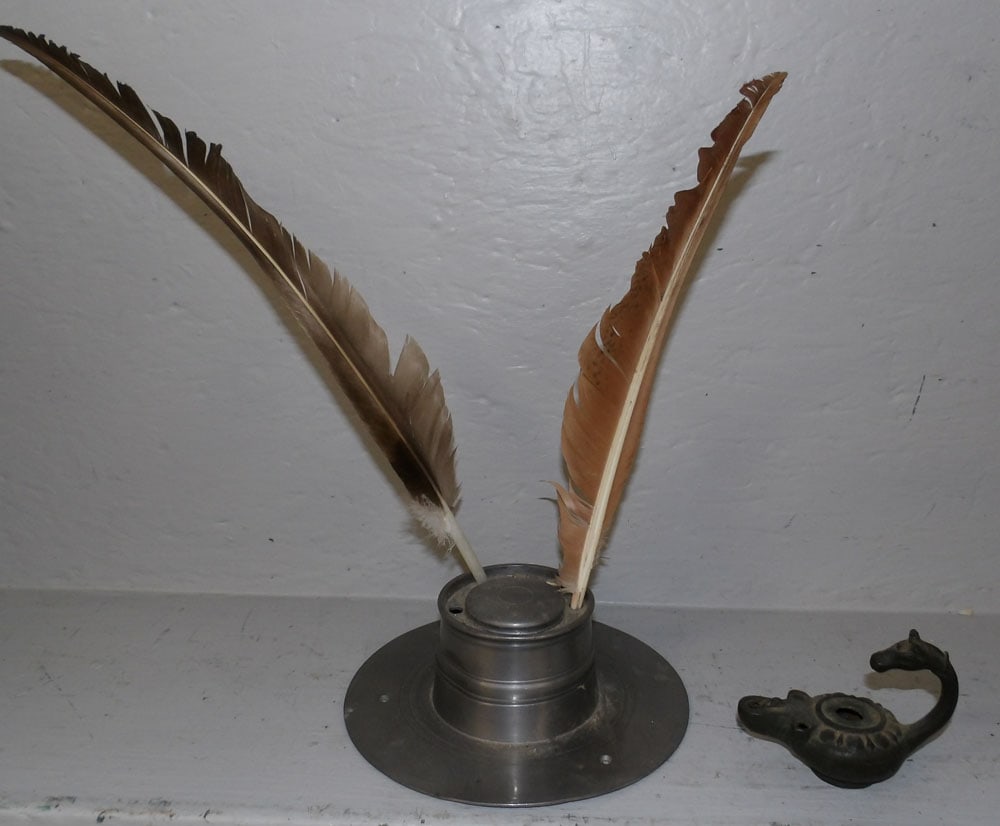 antique pewter ink stand and bronze oil lamp (1 of 5)