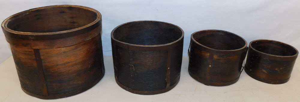 4 antique wood and metal bound graduated measures (1 of 5)