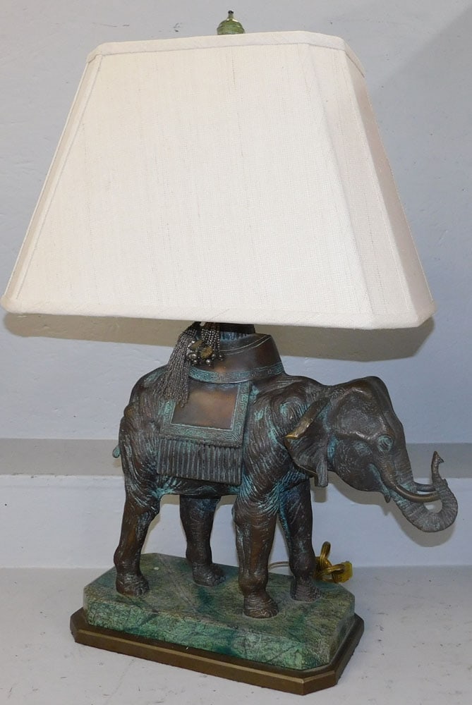 heavy bronze elephant sculpture made into lamp with marble base (1 of 5)