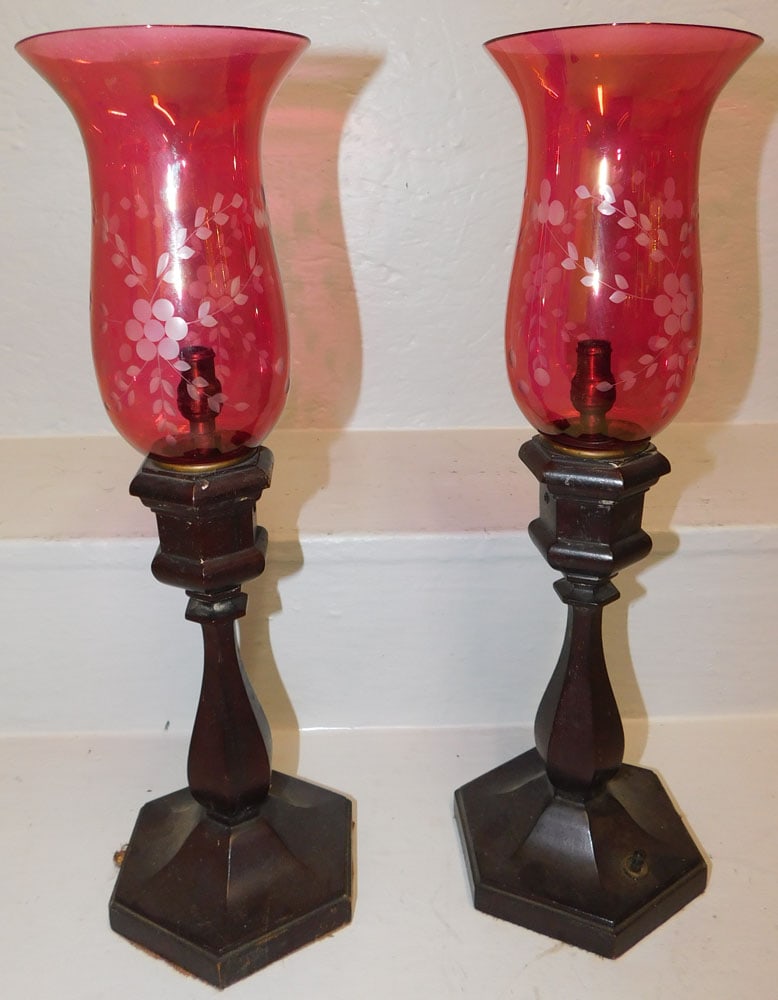 pair mahogany and ruby etched glass shade lamps (1 of 3)