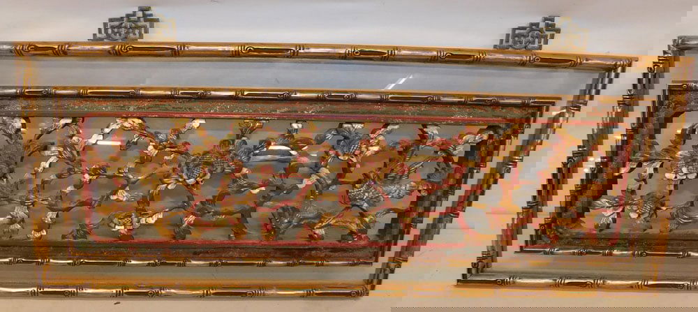 framed oriental carved wood painted panel with bird motif (1 of 3)