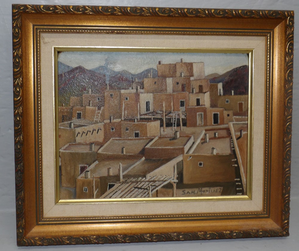 framed oil on board pueblo scene signed by artist (1 of 4)