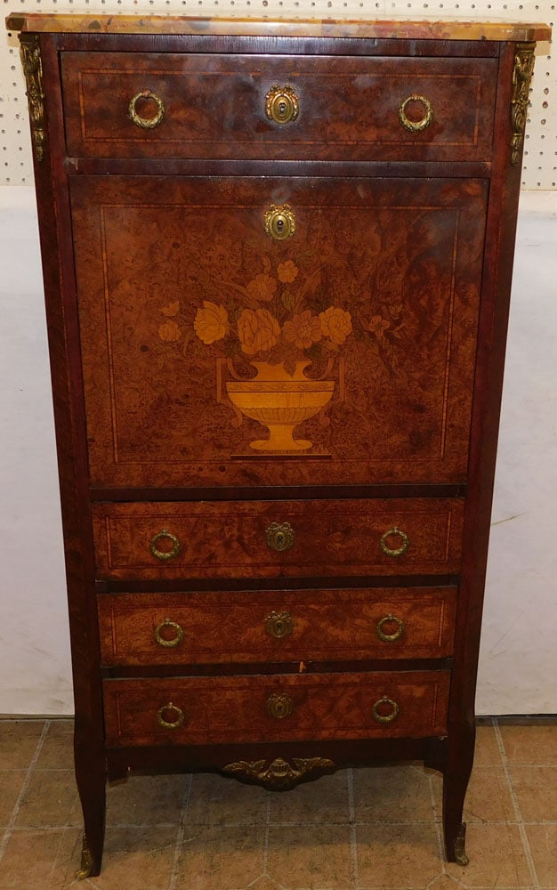 antique inlay burl walnut and marble top French abattant with bronze mounts (1 of 8)