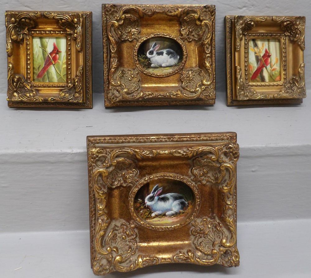 2 bird and 2 bunny oil on boards: 2 bird and 2 bunny oil on boards . Up to 8 1/4" x 7 1/4" "ALL DESCRIPTIONS AND ANY CONDITION STATEMENT GIVEN BY LANGSTON AUCTION GALLERY ARE STRICTLY OPINIONS AND LANGSTON'S SHALL HAVE NO RESPONSIBILI