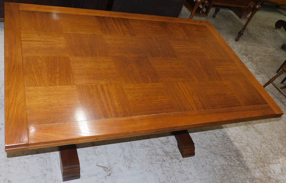 oak trestle table with 2 extra boards: oak trestle table with 2 extra boards. 108" L 44" W 28" H "ALL DESCRIPTIONS AND ANY CONDITION STATEMENT GIVEN BY LANGSTON AUCTION GALLERY ARE STRICTLY OPINIONS AND LANGSTON'S SHALL HAVE NO RESPONSIBIL