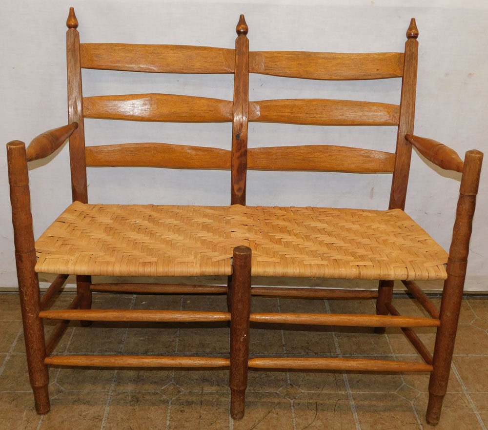 antique oak ladderback bench with split oak seat (1 of 4)