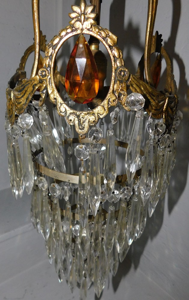 Brass & Crystal Prism Chandelier: Brass & Crystal Prism Chandelier. 25" H "ALL DESCRIPTIONS AND ANY CONDITION STATEMENT GIVEN BY LANGSTON AUCTION GALLERY ARE STRICTLY OPINIONS AND LANGSTON'S SHALL HAVE NO RESPONSIBILITY FOR ERRORS OR 