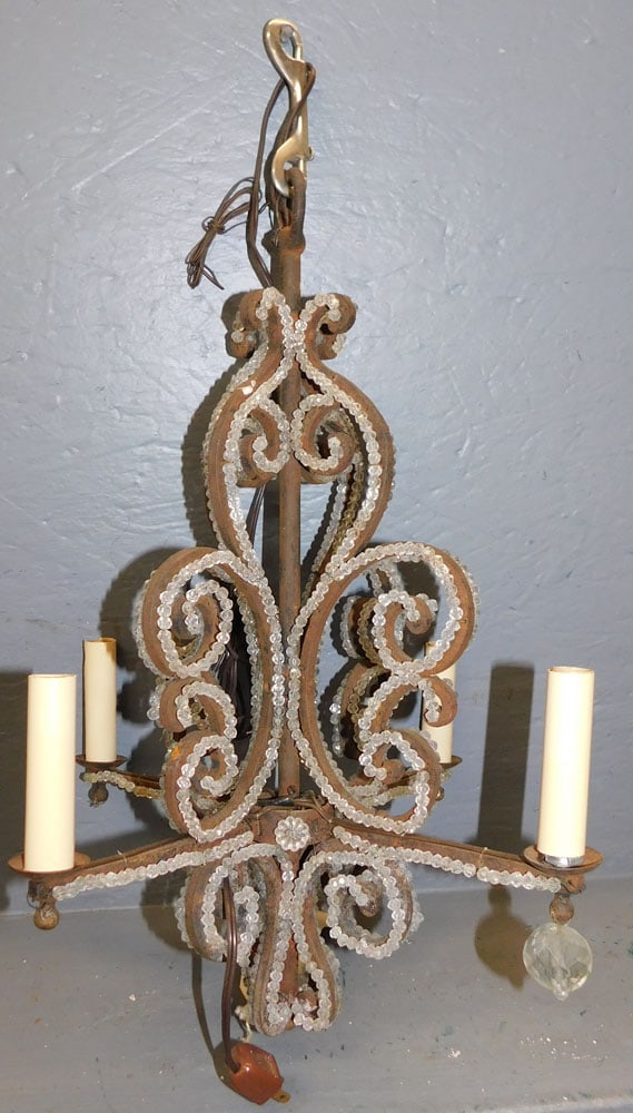Wrought Iron & Crystal Beaded French 4 Light Chandelier (1 of 2)