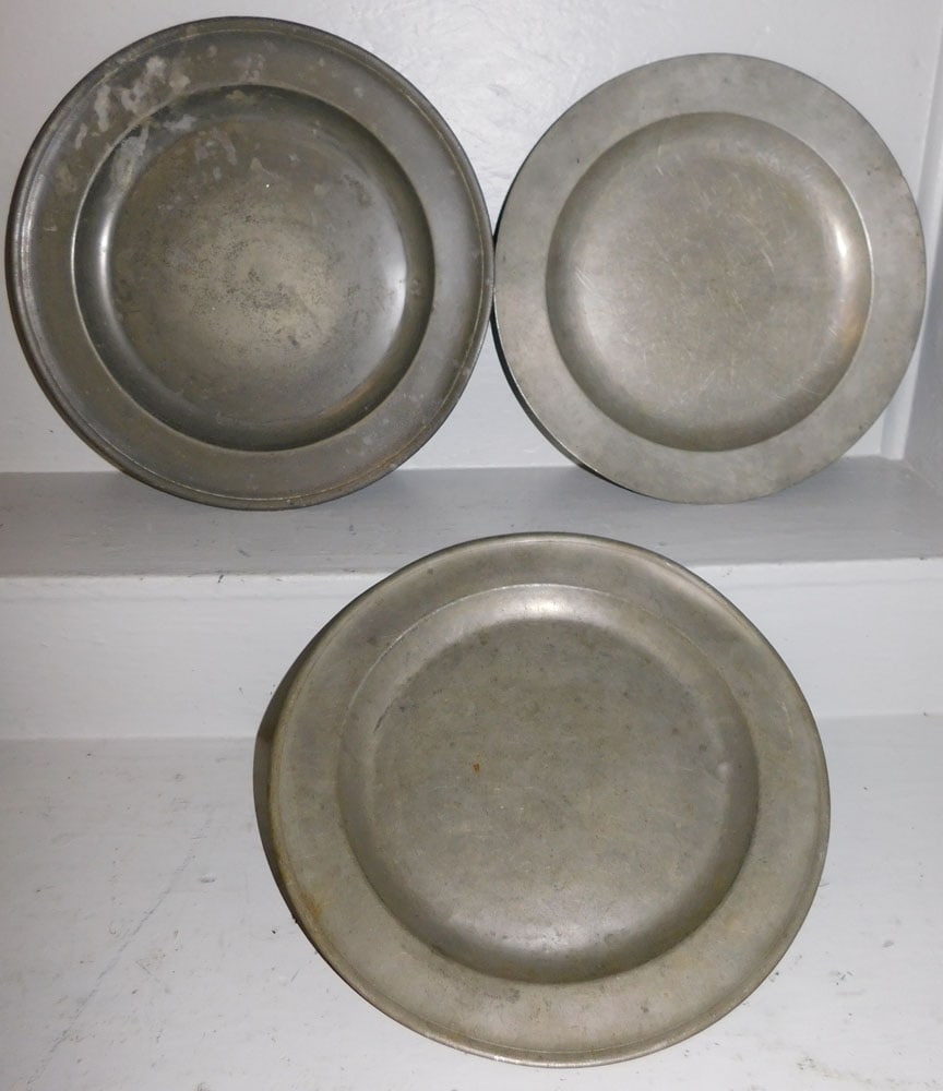3 Antique Pewter Chargers: 3 Antique Pewter Chargers. Up to 17" Dia. "ALL DESCRIPTIONS AND ANY CONDITION STATEMENT GIVEN BY LANGSTON AUCTION GALLERY ARE STRICTLY OPINIONS AND LANGSTON'S SHALL HAVE NO RESPONSIBILITY FOR ERRORS O