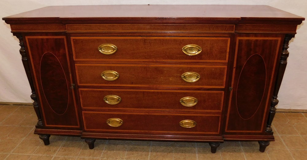 Mahogany Edwardian Inlaid Sideboard: Mahogany Edwardian Inlaid Sideboard. 61 1/4" W 21 3/4" D 34 1/4" H "ALL DESCRIPTIONS AND ANY CONDITION STATEMENT GIVEN BY LANGSTON AUCTION GALLERY ARE STRICTLY OPINIONS AND LANGSTON'S SHALL HAVE NO RE