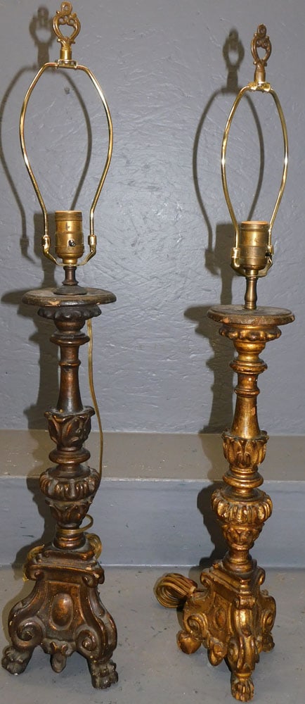 Pair of Gilded Carved Wood Lamps: Pair of Gilded Carved Wood Lamps. 31 1/4" H "ALL DESCRIPTIONS AND ANY CONDITION STATEMENT GIVEN BY LANGSTON AUCTION GALLERY ARE STRICTLY OPINIONS AND LANGSTON'S SHALL HAVE NO RESPONSIBILITY FOR ERRORS