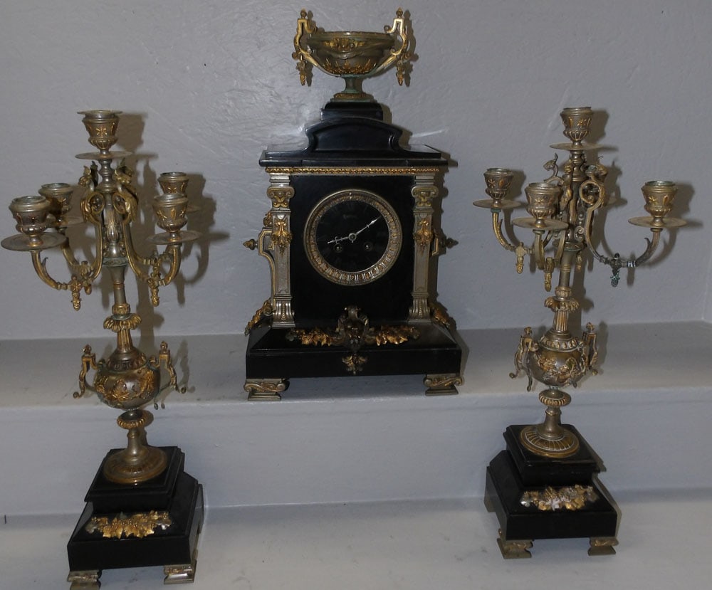 3 Piece Antique Victorian Bronze & Slate Clock Set, (Furrier) (1 of 6)