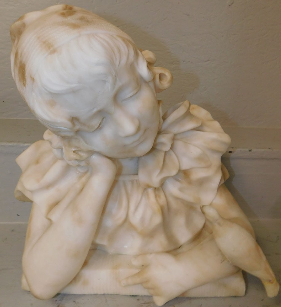 Carved Alabaster Bust of a Little Girl: Carved Alabaster Bust of a Little Girl. 13 3/4" H "ALL DESCRIPTIONS AND ANY CONDITION STATEMENT GIVEN BY LANGSTON AUCTION GALLERY ARE STRICTLY OPINIONS AND LANGSTON'S SHALL HAVE NO RESPONSIBILITY FOR