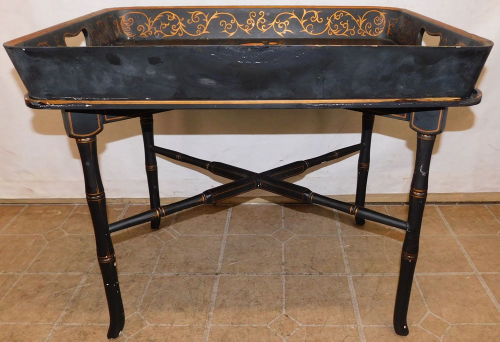 Painted Black Lacquered Tray Top Tea Table, (As Is) (1 of 6)