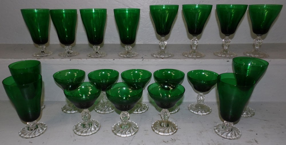 20 Emerald Green Boopie Glasses: 20 Emerald Green Boopie Glasses. Up to 6 1/2" H "ALL DESCRIPTIONS AND ANY CONDITION STATEMENT GIVEN BY LANGSTON AUCTION GALLERY ARE STRICTLY OPINIONS AND LANGSTON'S SHALL HAVE NO RESPONSIBILITY FOR ER