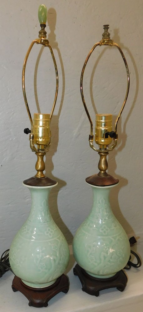 Pair of Celadon Porcelain Vases Made Into Lamps (1 of 3)
