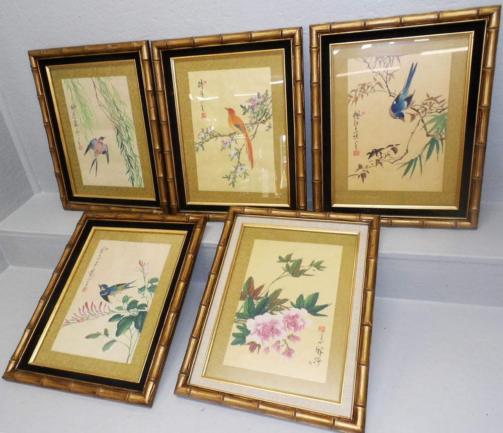 5 Framed Oriental Bird Prints Signed with Character Marks (1 of 5)
