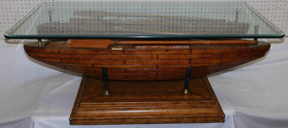 Painted Resin Bronze & Leather Bound Canoe Form Coffee Table (1 of 8)